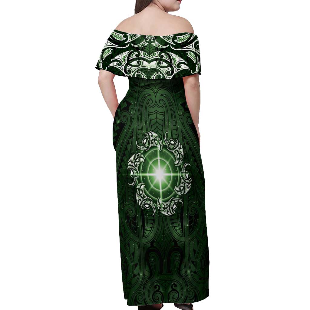 New Zealand Matariki Tupuarangi Off Shoulder Maxi Dress Maori Moko Green Galaxy LT05 - Polynesian Pride