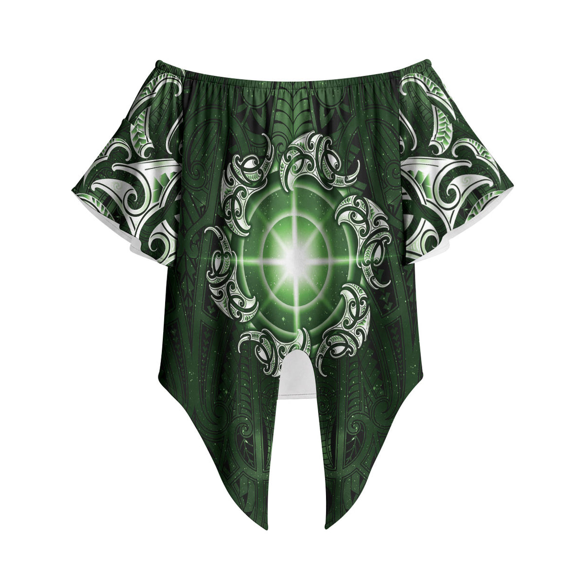 New Zealand Matariki Tupuarangi Off Shoulder Wrap Waist Top Maori Moko Green Galaxy LT05 Green - Polynesian Pride