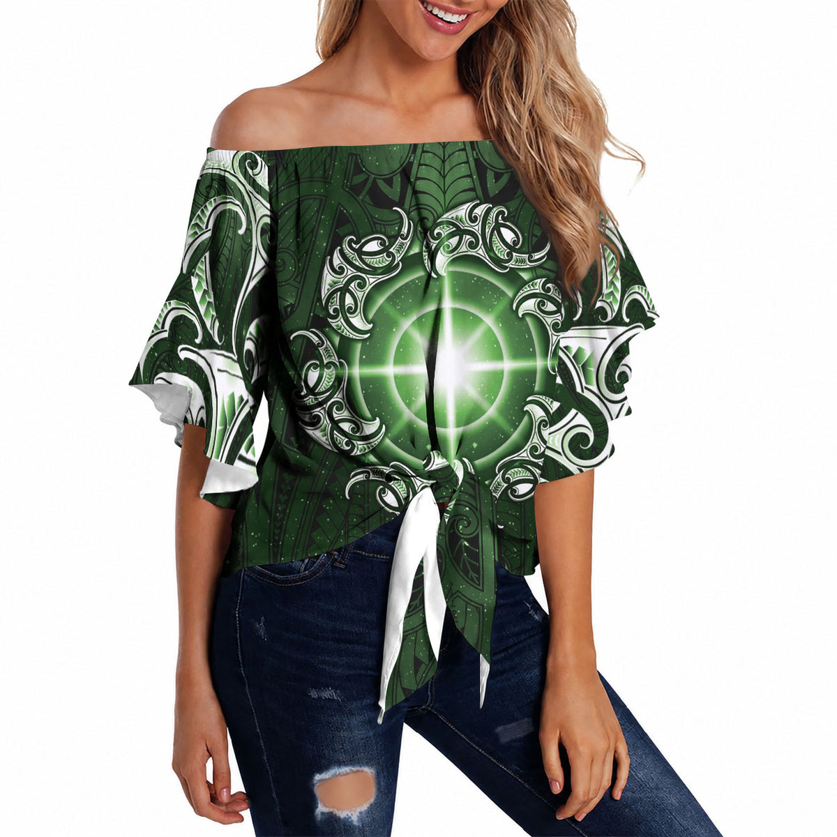 New Zealand Matariki Tupuarangi Off Shoulder Wrap Waist Top Maori Moko Green Galaxy LT05 - Polynesian Pride