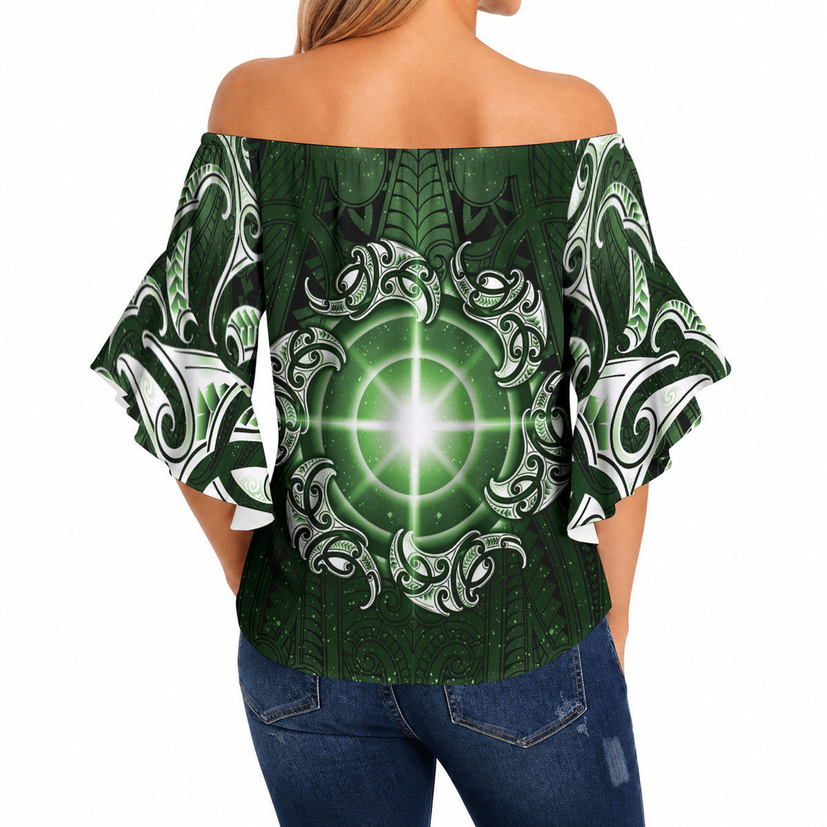 New Zealand Matariki Tupuarangi Off Shoulder Wrap Waist Top Maori Moko Green Galaxy LT05 - Polynesian Pride