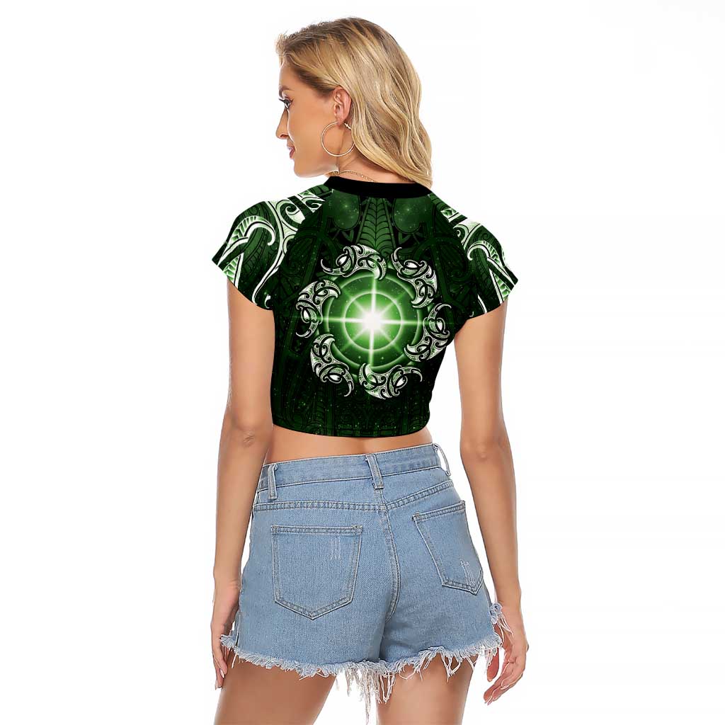New Zealand Matariki Tupuarangi Raglan Cropped T Shirt Maori Moko Green Galaxy LT05 - Polynesian Pride