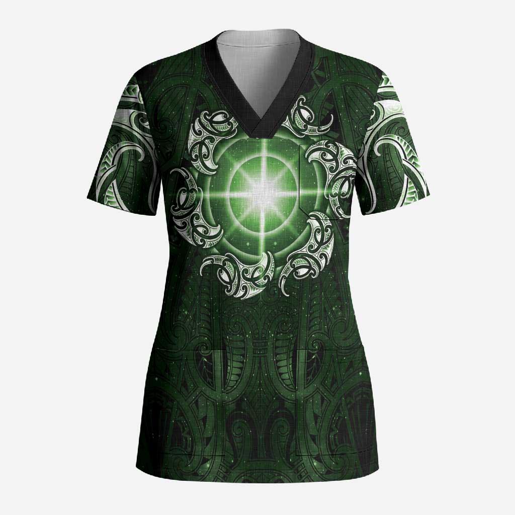 New Zealand Matariki Tupuarangi Scrub Top Maori Moko Green Galaxy