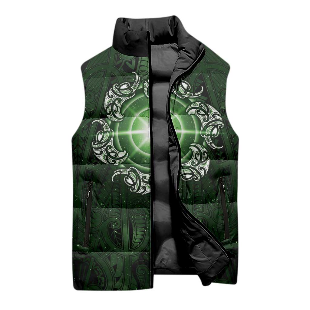 New Zealand Matariki Tupuarangi Sleeveless Puffer Jacket Maori Moko Green Galaxy