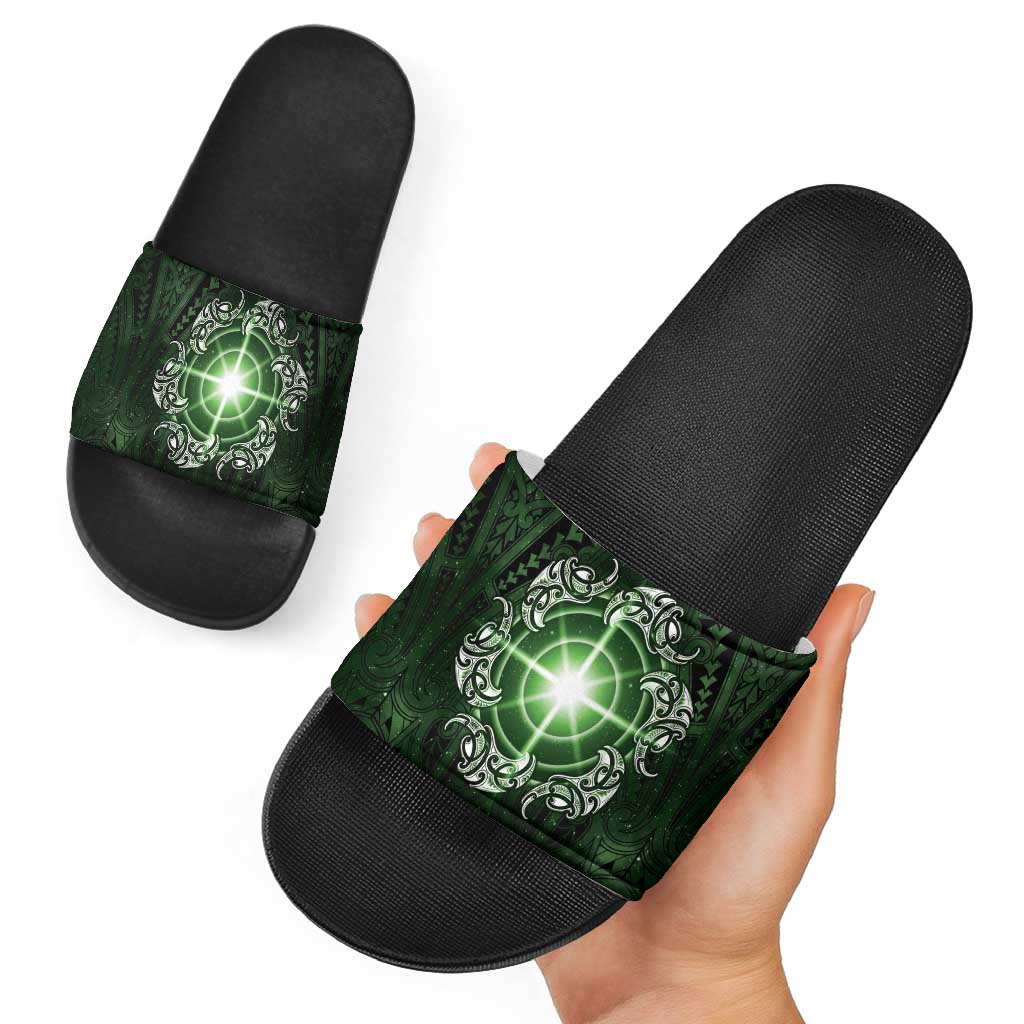 New Zealand Matariki Tupuarangi Slide Sandals Maori Moko Green Galaxy LT05 - Polynesian Pride