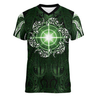 New Zealand Matariki Tupuarangi Women V-Neck T-Shirt Maori Moko Green Galaxy LT05 Female Green - Polynesian Pride
