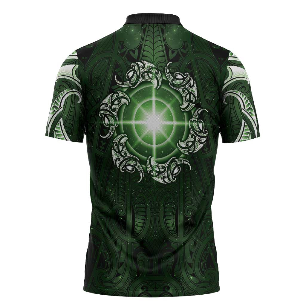 New Zealand Matariki Tupuarangi Zipper Polo Shirt Maori Moko Green Galaxy LT05 - Polynesian Pride