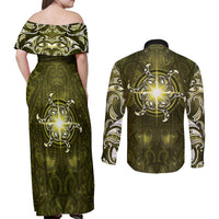 New Zealand Matariki Hiwaiterangi Couples Matching Off Shoulder Maxi Dress and Long Sleeve Button Shirt Maori Moko Yellow Galaxy LT05 - Polynesian Pride