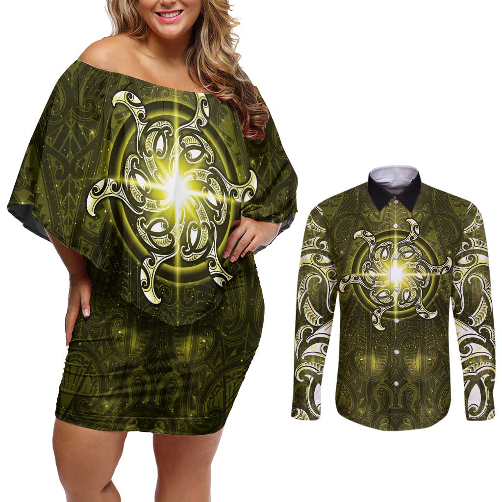 New Zealand Matariki Hiwaiterangi Couples Matching Off Shoulder Short Dress and Long Sleeve Button Shirt Maori Moko Yellow Galaxy