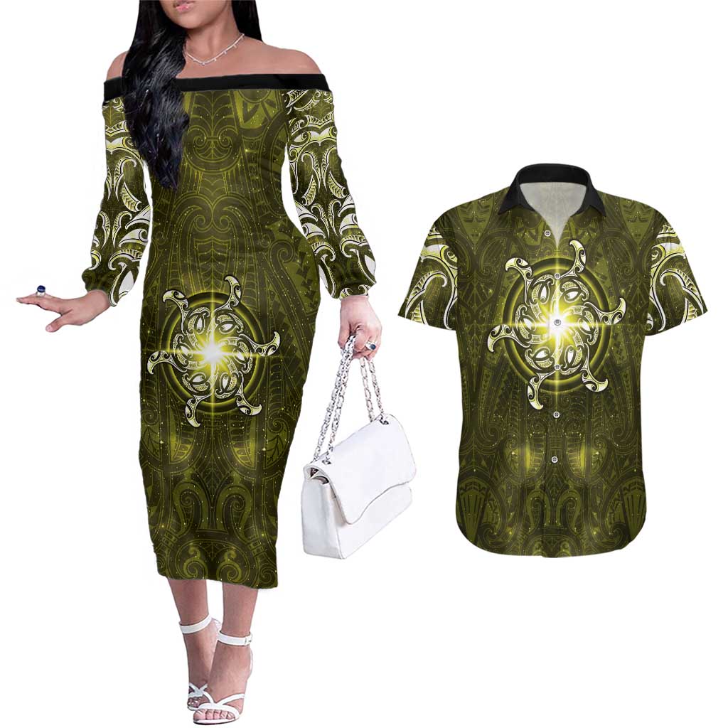 New Zealand Matariki Hiwaiterangi Couples Matching Off The Shoulder Long Sleeve Dress and Hawaiian Shirt Maori Moko Yellow Galaxy