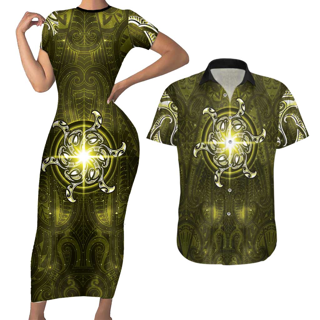 New Zealand Matariki Hiwaiterangi Couples Matching Short Sleeve Bodycon Dress and Hawaiian Shirt Maori Moko Yellow Galaxy LT05 Yellow - Polynesian Pride