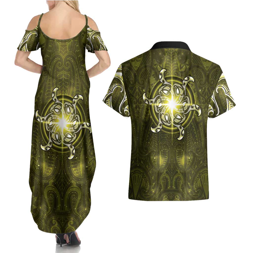 New Zealand Matariki Hiwaiterangi Couples Matching Summer Maxi Dress and Hawaiian Shirt Maori Moko Yellow Galaxy LT05 - Polynesian Pride