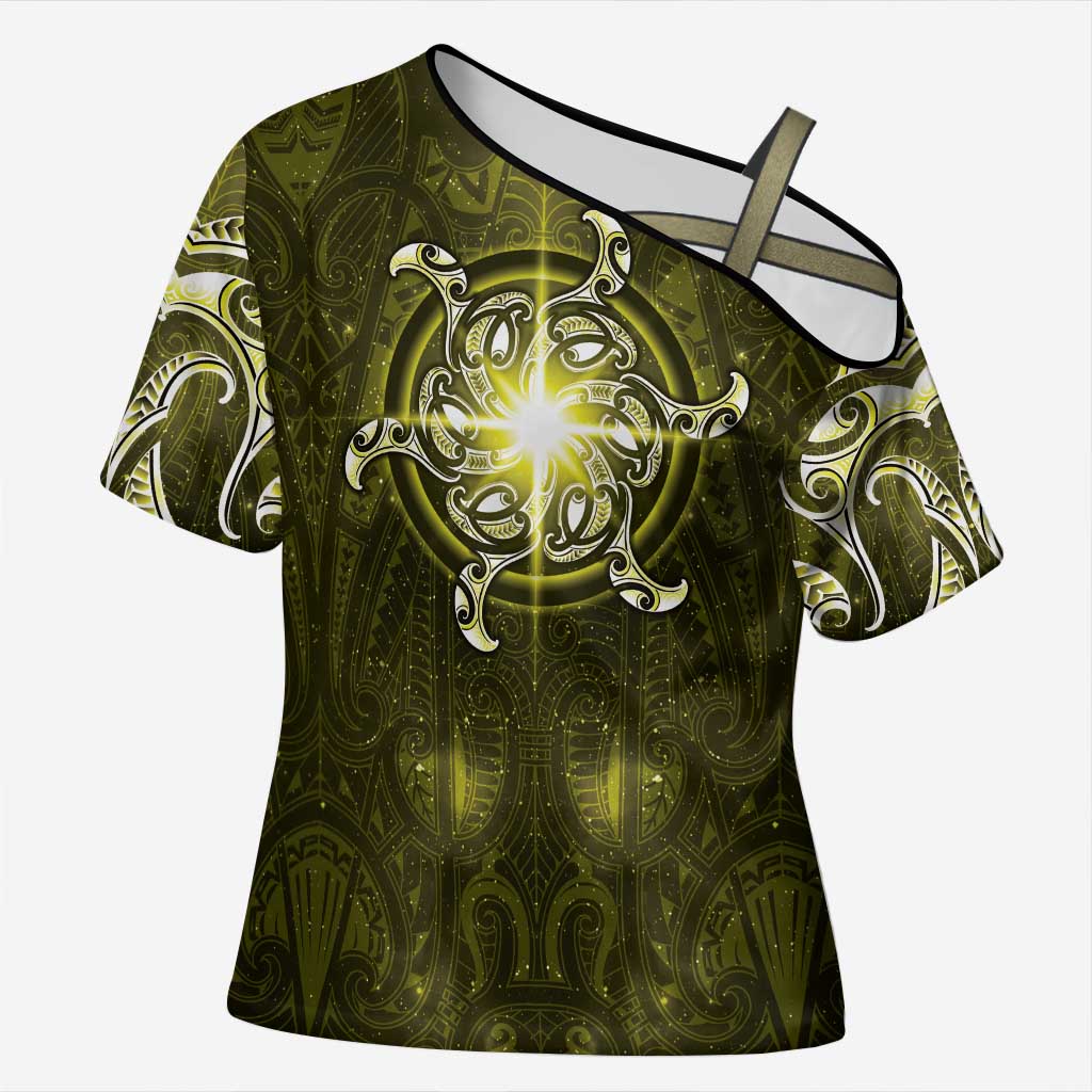 New Zealand Matariki Hiwaiterangi Cross Shoulder Shirt Maori Moko Yellow Galaxy LT05 Female Yellow - Polynesian Pride