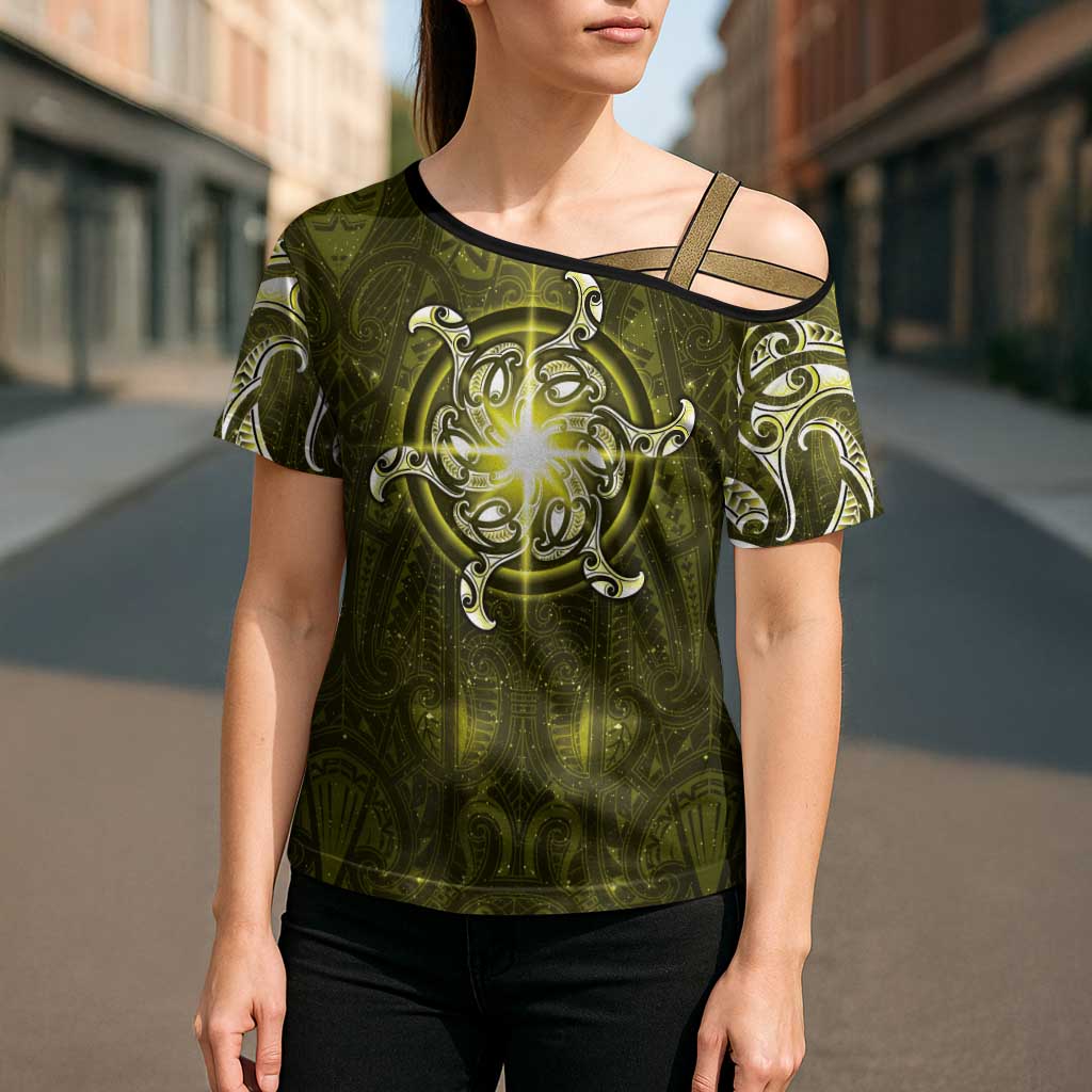New Zealand Matariki Hiwaiterangi Cross Shoulder Shirt Maori Moko Yellow Galaxy LT05 - Polynesian Pride