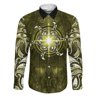 New Zealand Matariki Hiwaiterangi Family Matching Long Sleeve Bodycon Dress and Hawaiian Shirt Maori Moko Yellow Galaxy LT05 Dad's Shirt - Long Sleeve Yellow - Polynesian Pride