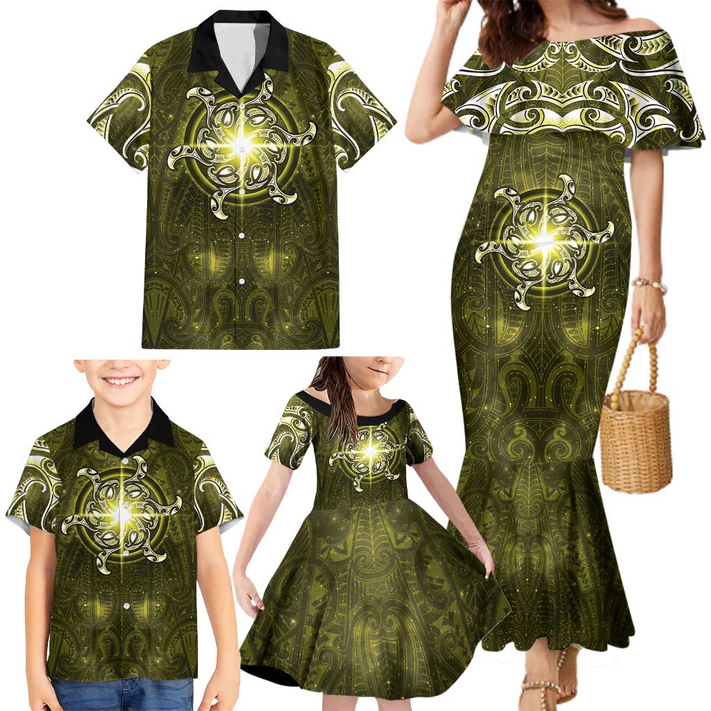 New Zealand Matariki Hiwaiterangi Family Matching Mermaid Dress and Hawaiian Shirt Maori Moko Yellow Galaxy LT05 - Polynesian Pride