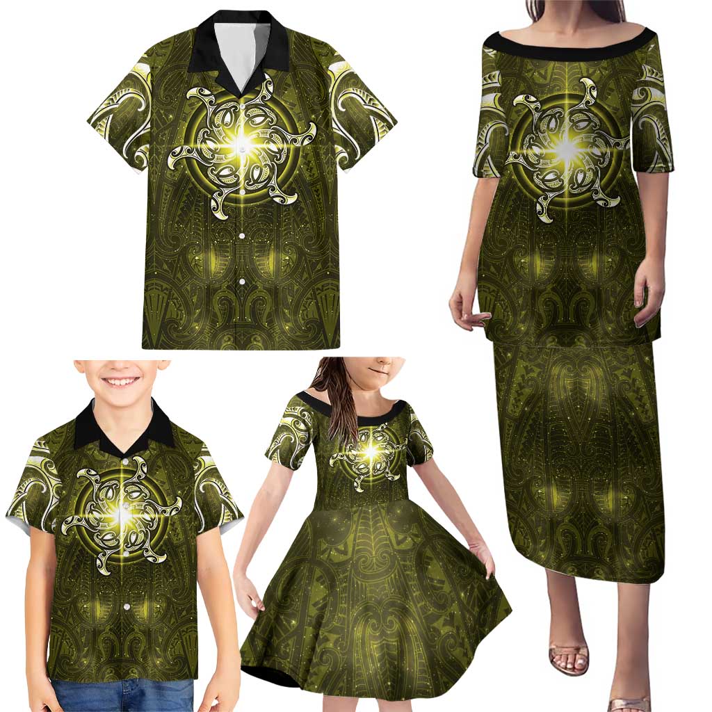 New Zealand Matariki Hiwaiterangi Family Matching Puletasi and Hawaiian Shirt Maori Moko Yellow Galaxy