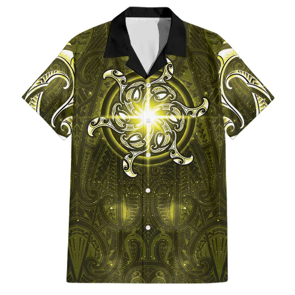 New Zealand Matariki Hiwaiterangi Family Matching Puletasi and Hawaiian Shirt Maori Moko Yellow Galaxy LT05 Dad's Shirt - Short Sleeve Yellow - Polynesian Pride
