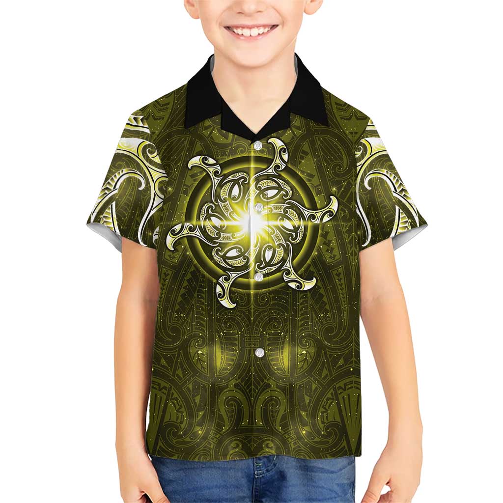 New Zealand Matariki Hiwaiterangi Family Matching Puletasi and Hawaiian Shirt Maori Moko Yellow Galaxy LT05 Son's Shirt Yellow - Polynesian Pride