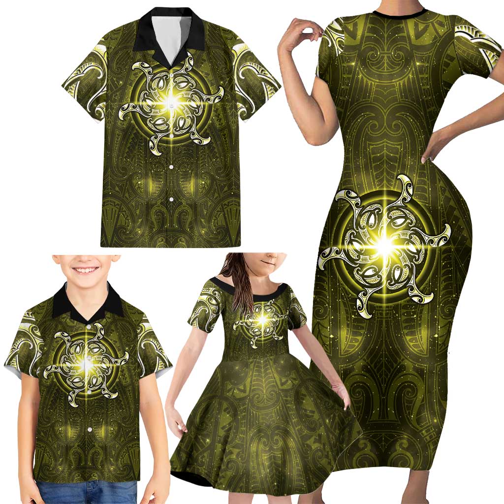 New Zealand Matariki Hiwaiterangi Family Matching Short Sleeve Bodycon Dress and Hawaiian Shirt Maori Moko Yellow Galaxy
