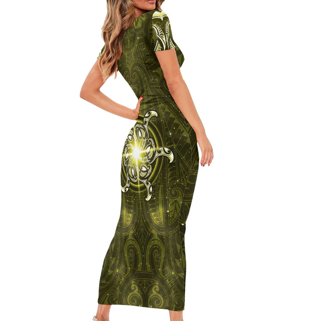 New Zealand Matariki Hiwaiterangi Family Matching Short Sleeve Bodycon Dress and Hawaiian Shirt Maori Moko Yellow Galaxy LT05 - Polynesian Pride