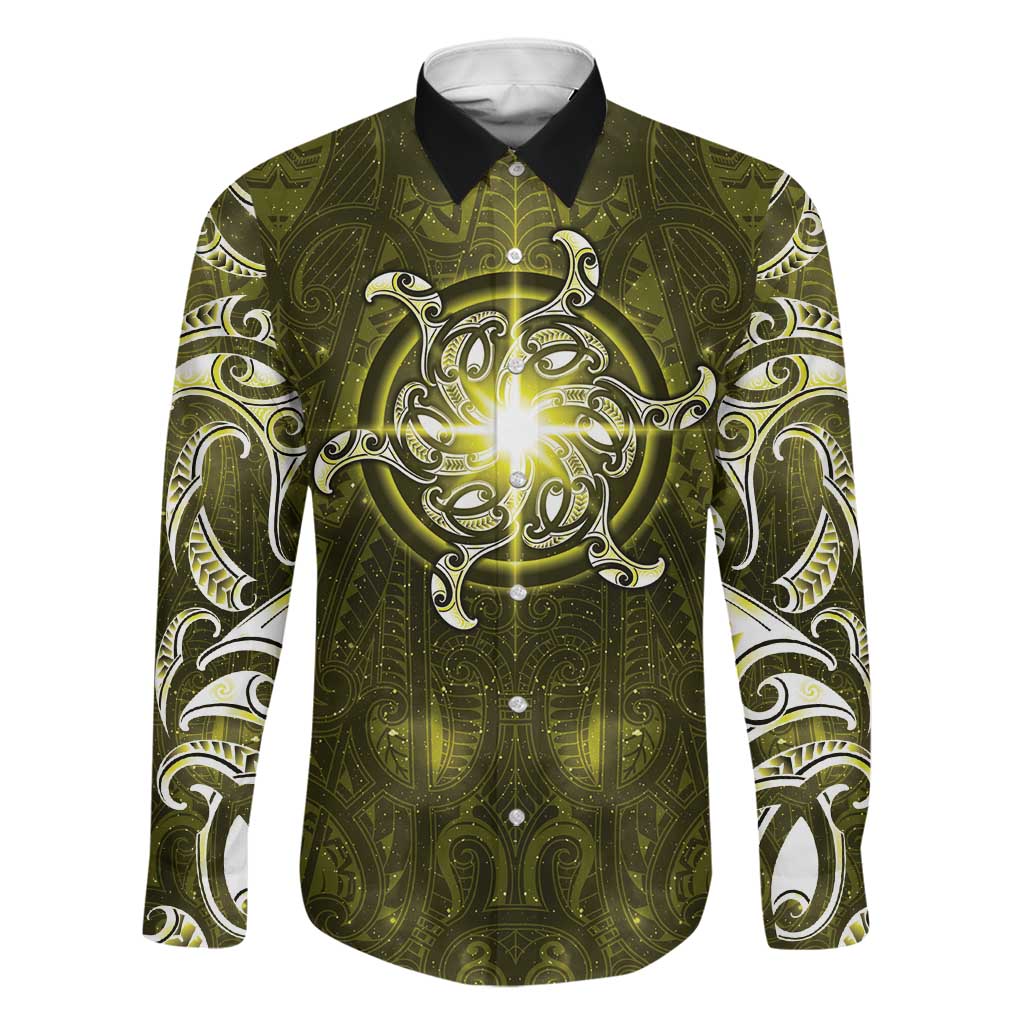 New Zealand Matariki Hiwaiterangi Family Matching Summer Maxi Dress and Hawaiian Shirt Maori Moko Yellow Galaxy LT05 Dad's Shirt - Long Sleeve Yellow - Polynesian Pride