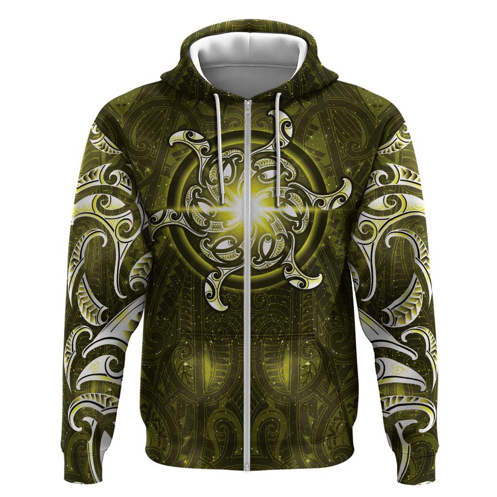 New Zealand Matariki Hiwaiterangi Hoodie Maori Moko Yellow Galaxy LT05 Zip Hoodie Yellow - Polynesian Pride