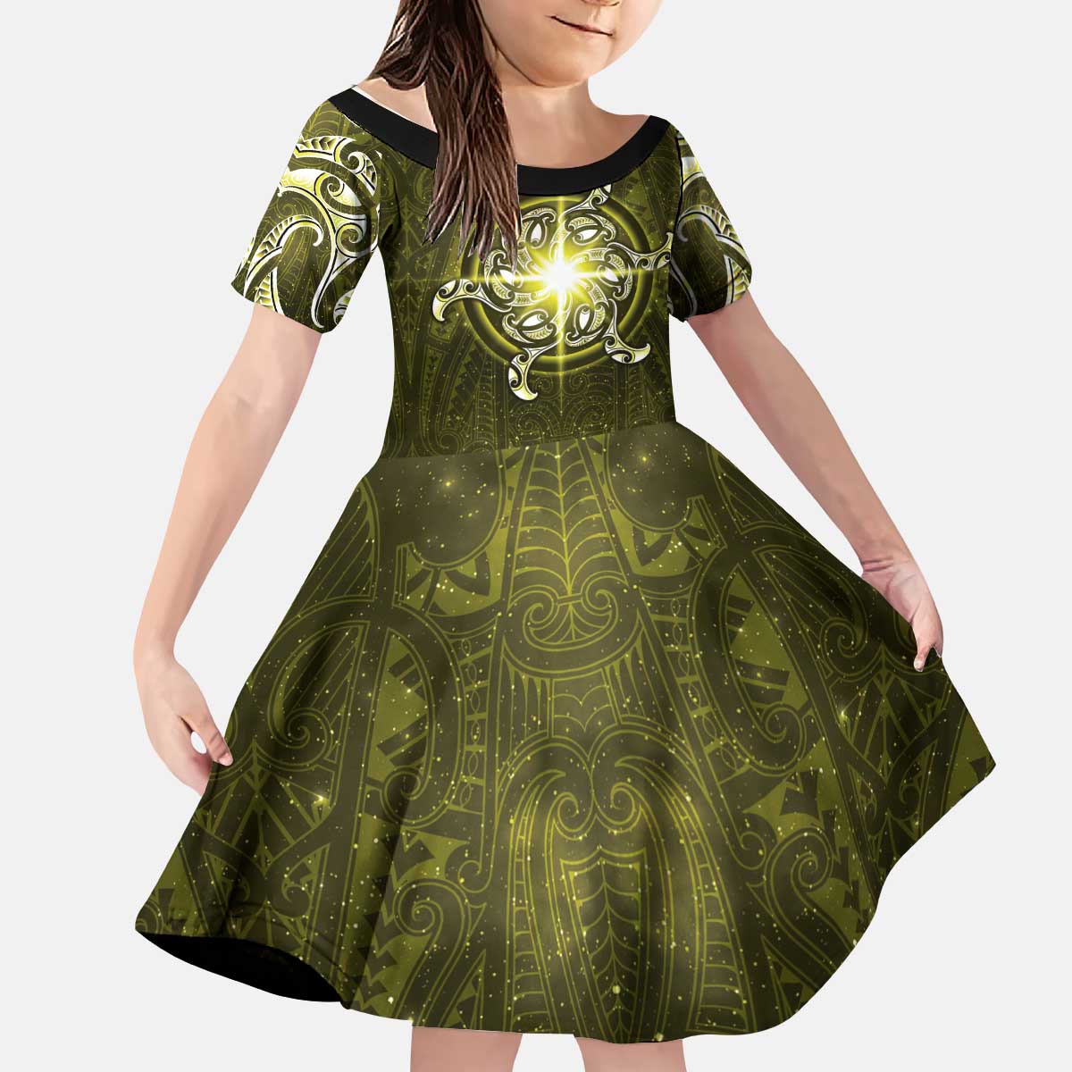 New Zealand Matariki Hiwaiterangi Kid Short Sleeve Dress Maori Moko Yellow Galaxy