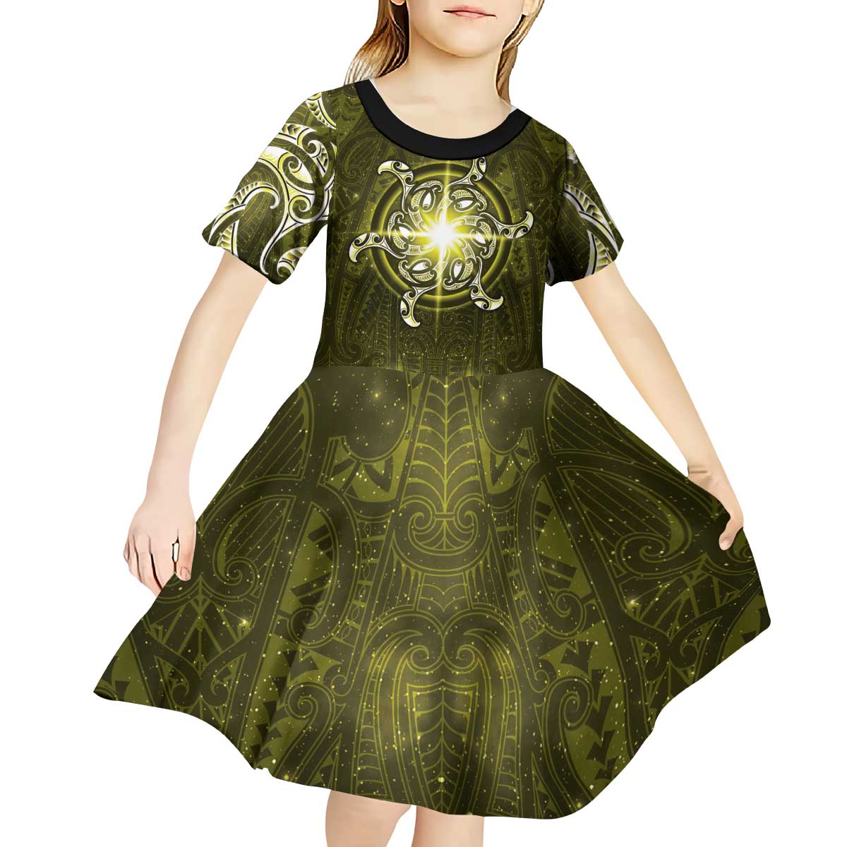 New Zealand Matariki Hiwaiterangi Kid Short Sleeve Dress Maori Moko Yellow Galaxy LT05 - Polynesian Pride