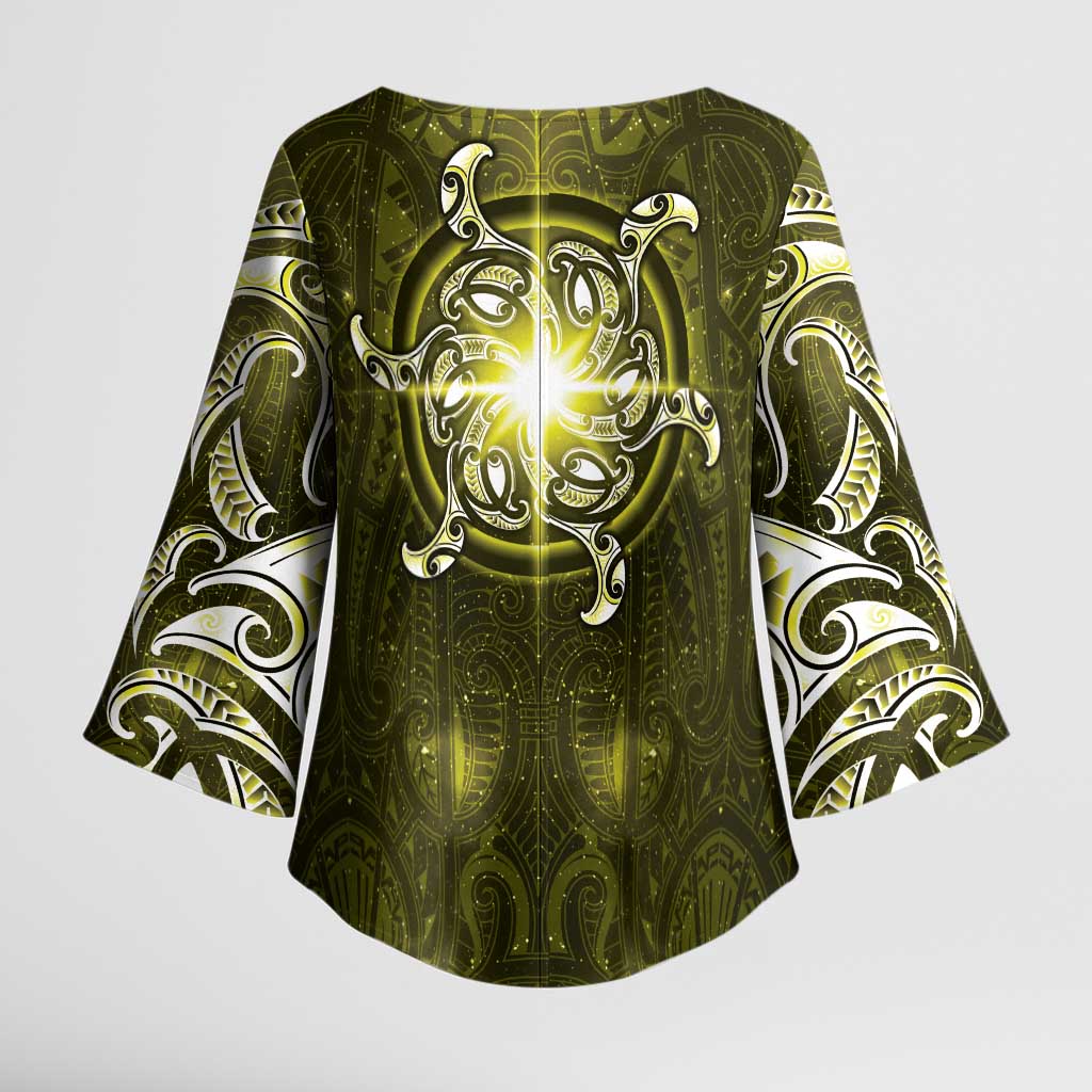 New Zealand Matariki Hiwaiterangi Kimono Sleeve Blouse Maori Moko Yellow Galaxy LT05 - Polynesian Pride