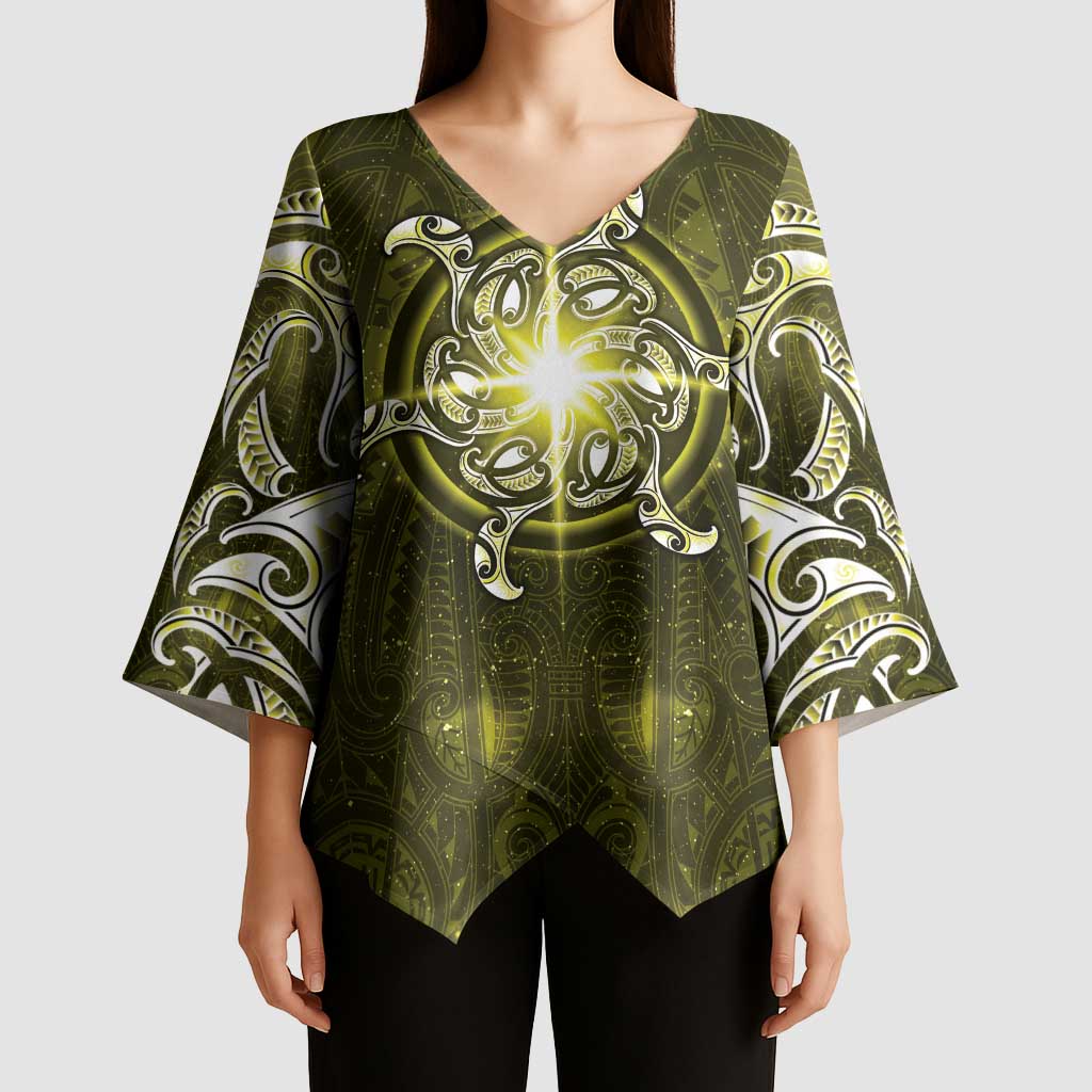 New Zealand Matariki Hiwaiterangi Kimono Sleeve Blouse Maori Moko Yellow Galaxy LT05 - Polynesian Pride