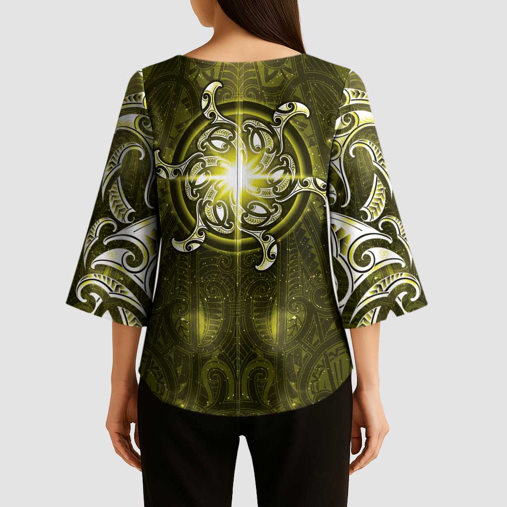 New Zealand Matariki Hiwaiterangi Kimono Sleeve Blouse Maori Moko Yellow Galaxy LT05 - Polynesian Pride