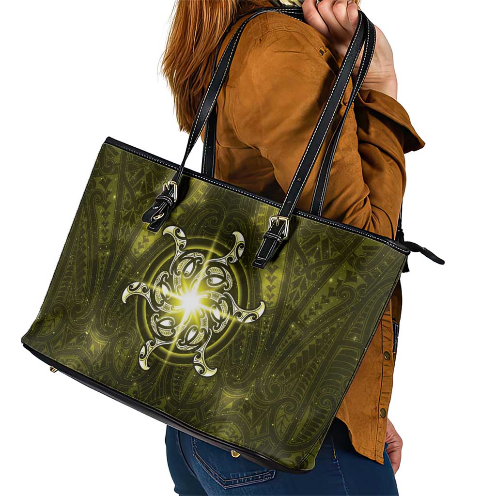 New Zealand Matariki Hiwaiterangi Leather Tote Bag Maori Moko Yellow Galaxy LT05 - Polynesian Pride