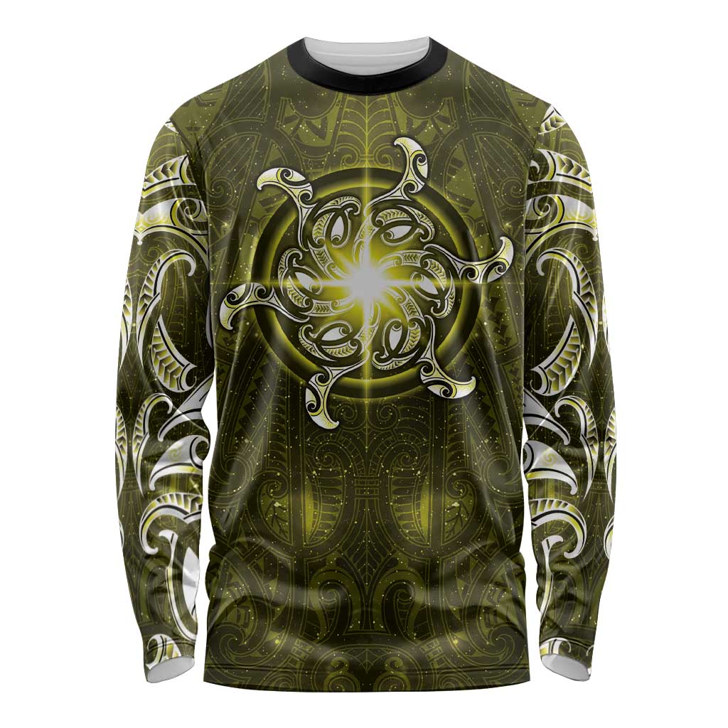 New Zealand Matariki Hiwaiterangi Long Sleeve Shirt Maori Moko Yellow Galaxy
