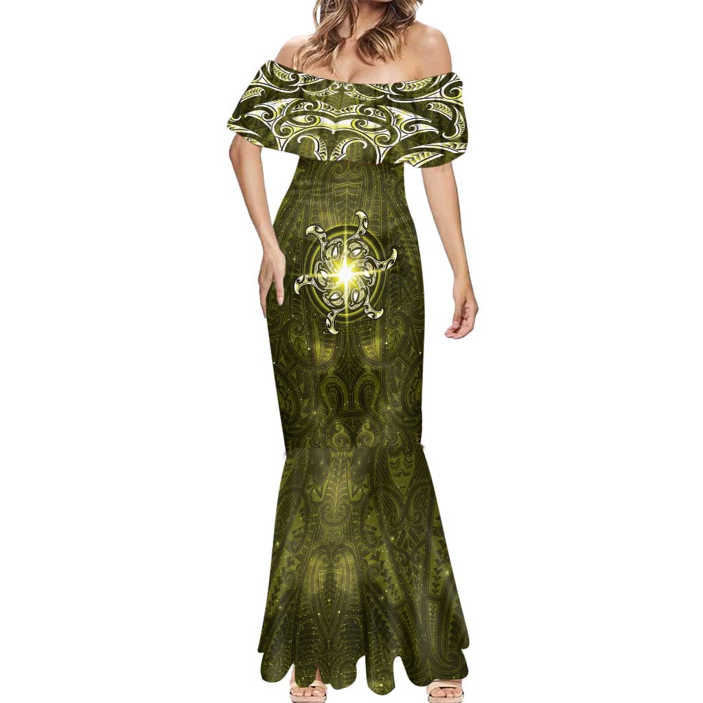 New Zealand Matariki Hiwaiterangi Mermaid Dress Maori Moko Yellow Galaxy LT05 - Polynesian Pride