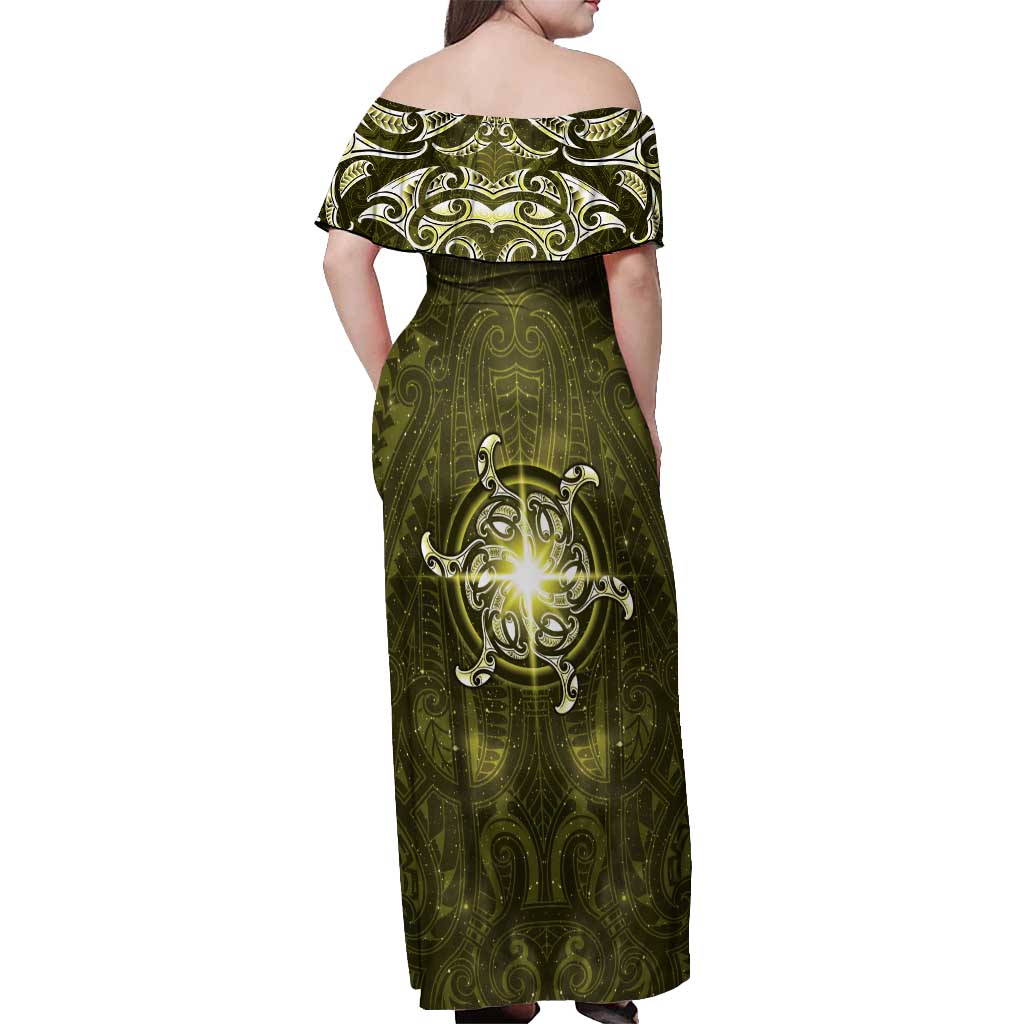 New Zealand Matariki Hiwaiterangi Off Shoulder Maxi Dress Maori Moko Yellow Galaxy LT05 - Polynesian Pride