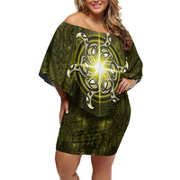 New Zealand Matariki Hiwaiterangi Off Shoulder Short Dress Maori Moko Yellow Galaxy LT05 Women Yellow - Polynesian Pride