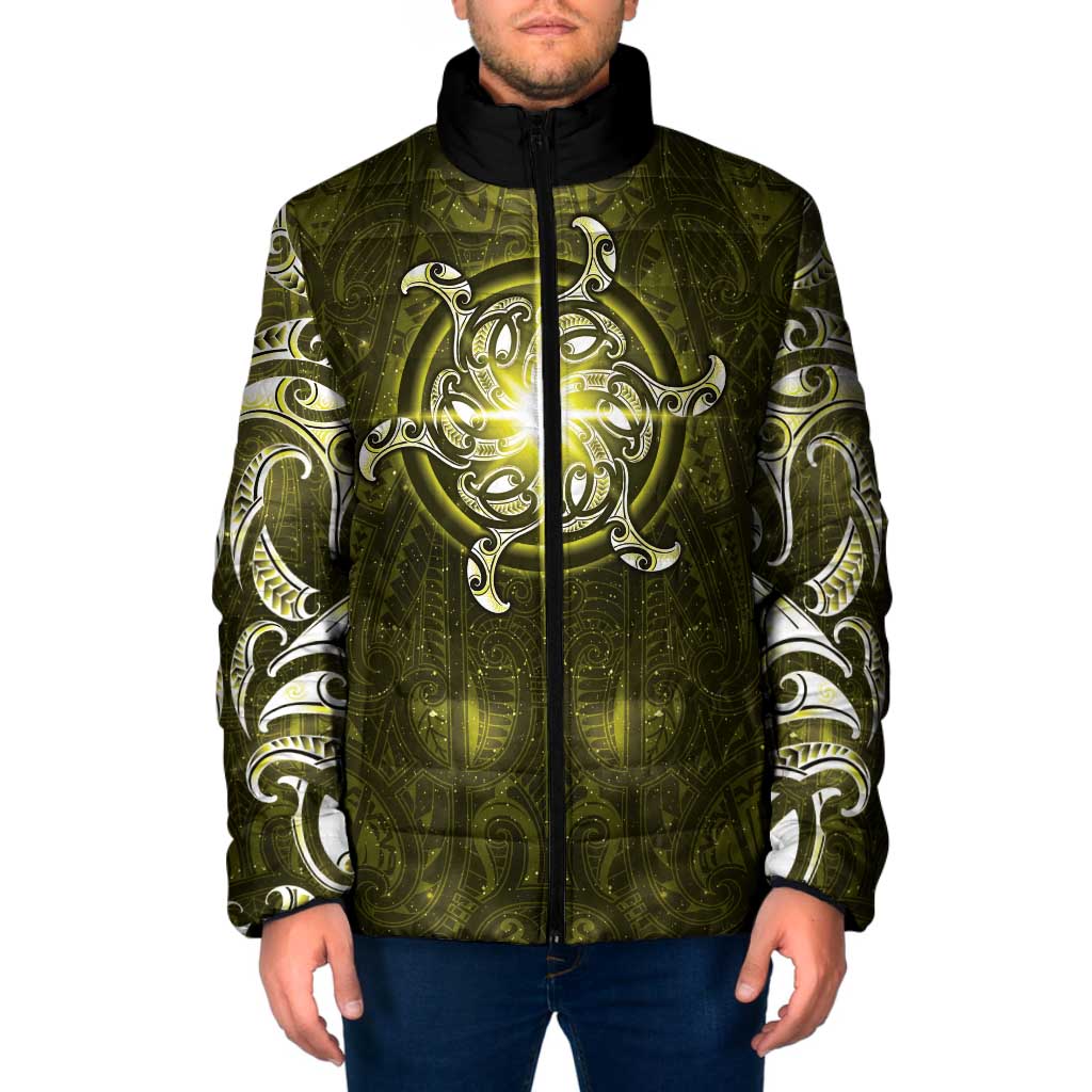 New Zealand Matariki Hiwaiterangi Padded Jacket Maori Moko Yellow Galaxy