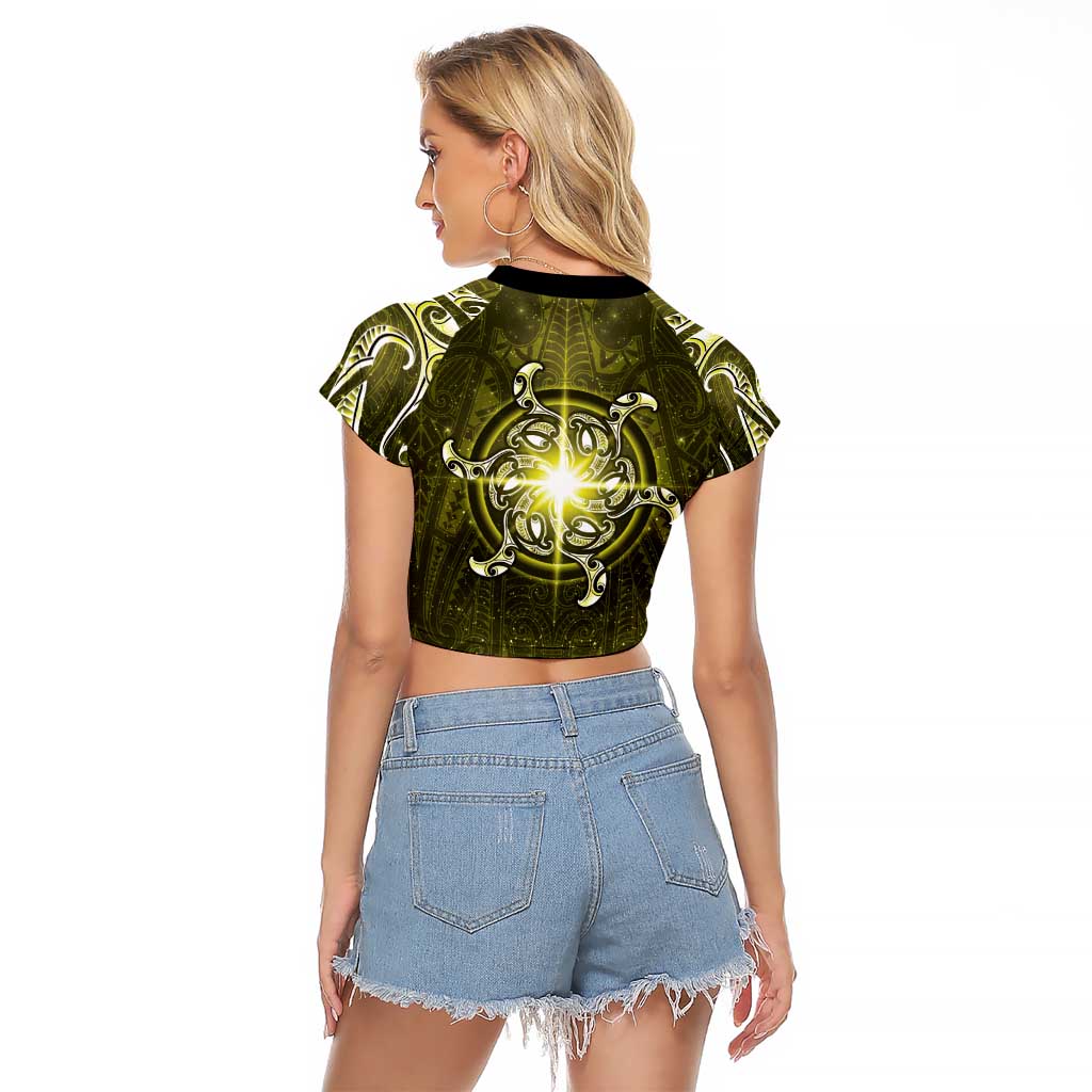 New Zealand Matariki Hiwaiterangi Raglan Cropped T Shirt Maori Moko Yellow Galaxy LT05 - Polynesian Pride