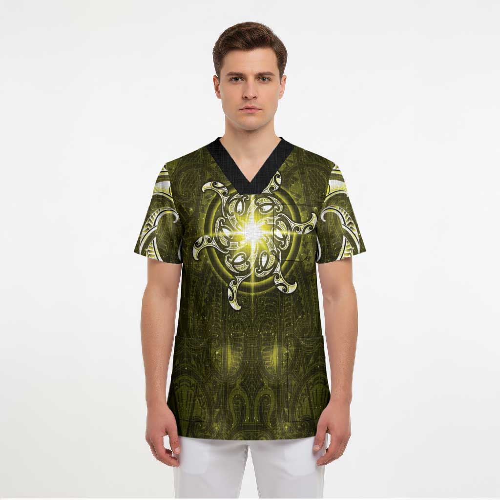 New Zealand Matariki Hiwaiterangi Scrub Top Maori Moko Yellow Galaxy LT05 - Polynesian Pride