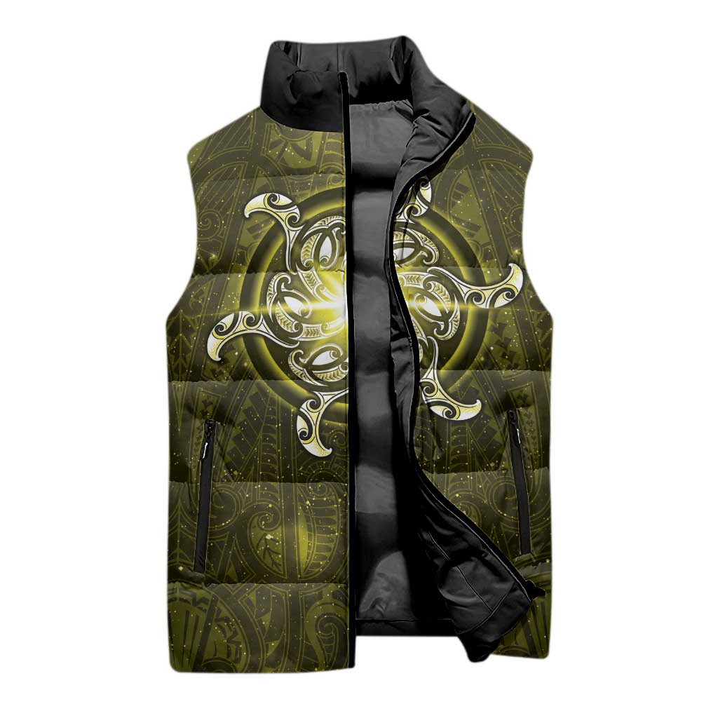 New Zealand Matariki Hiwaiterangi Sleeveless Puffer Jacket Maori Moko Yellow Galaxy LT05 - Polynesian Pride