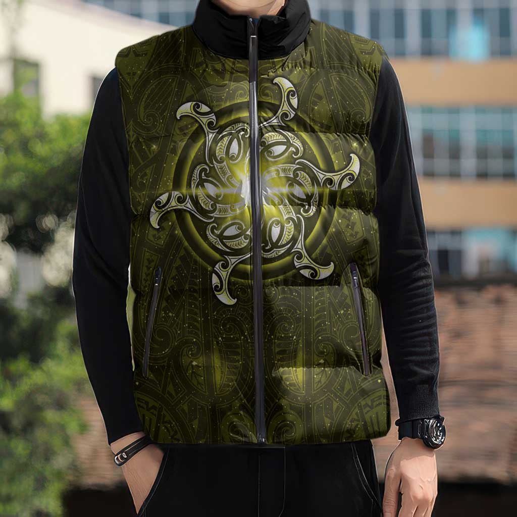 New Zealand Matariki Hiwaiterangi Sleeveless Puffer Jacket Maori Moko Yellow Galaxy LT05 - Polynesian Pride