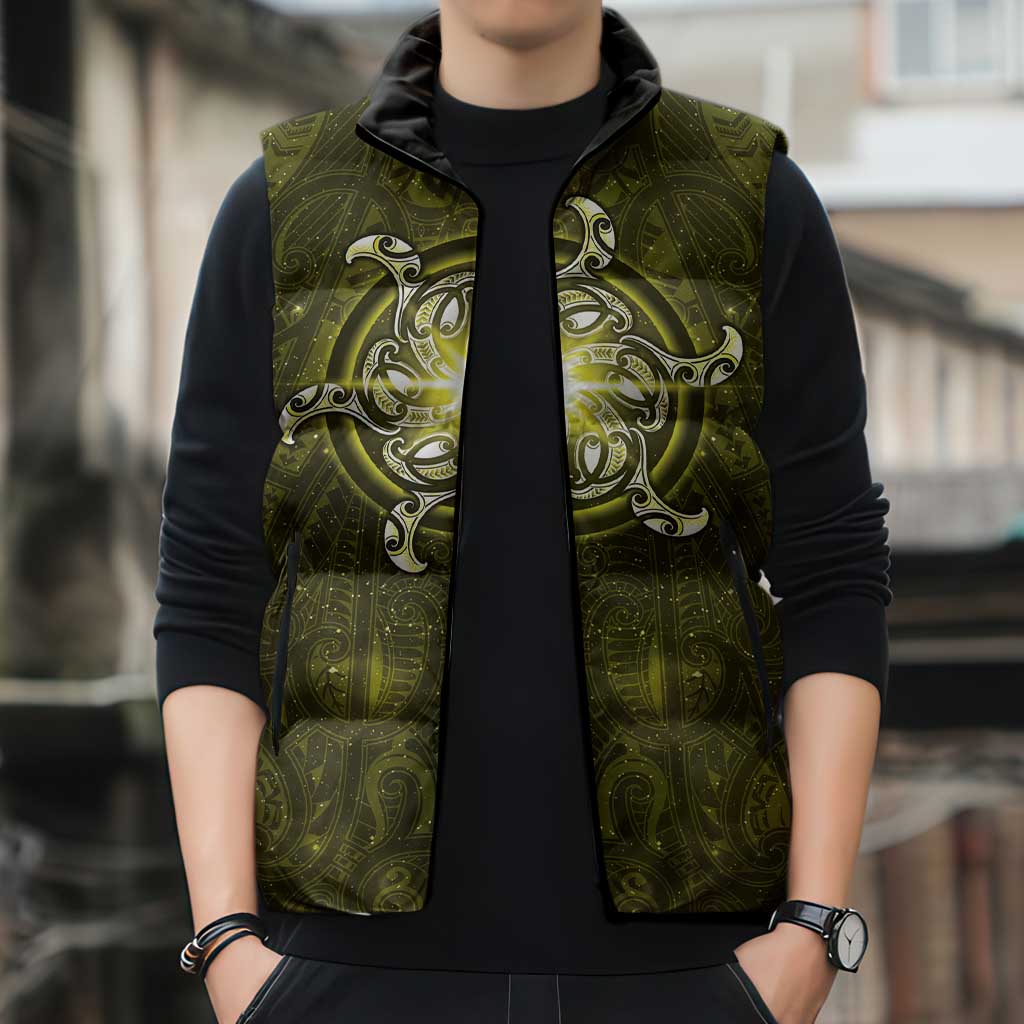New Zealand Matariki Hiwaiterangi Sleeveless Puffer Jacket Maori Moko Yellow Galaxy LT05 - Polynesian Pride