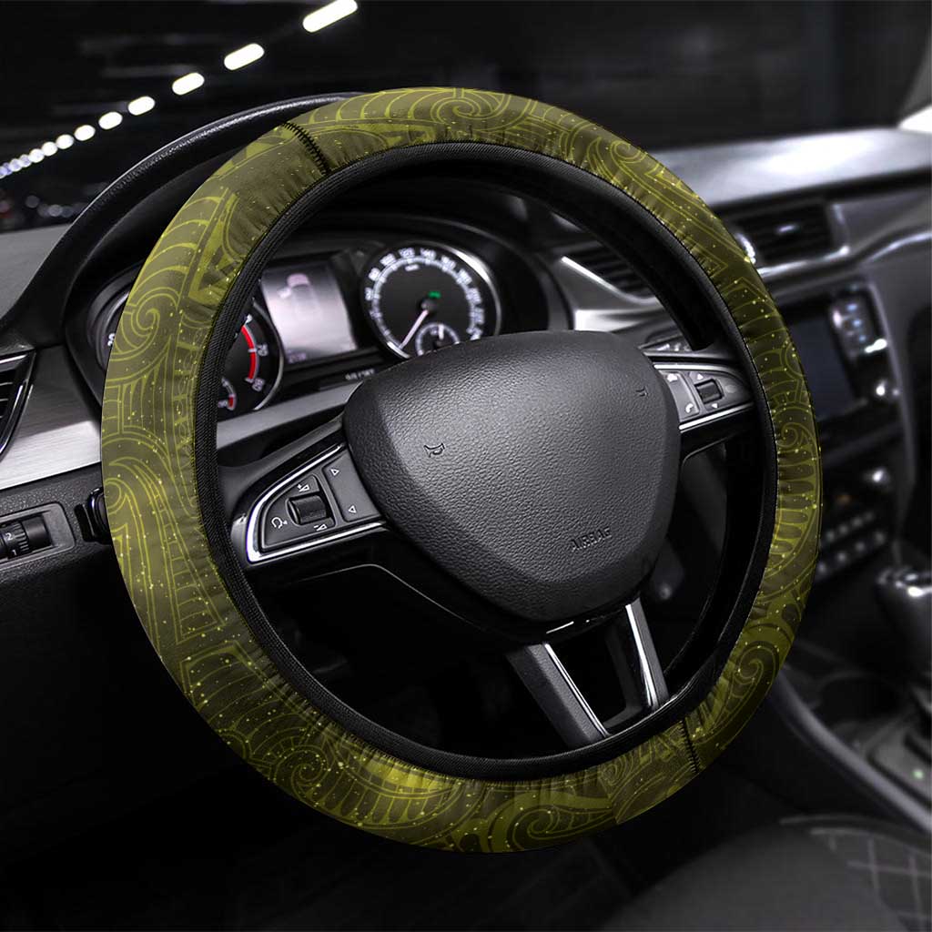 New Zealand Matariki Hiwaiterangi Steering Wheel Cover Maori Moko Yellow Galaxy