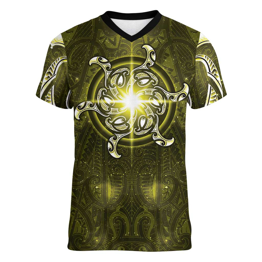 New Zealand Matariki Hiwaiterangi Women V-Neck T-Shirt Maori Moko Yellow Galaxy LT05 Female Yellow - Polynesian Pride