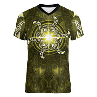 New Zealand Matariki Hiwaiterangi Women V-Neck T-Shirt Maori Moko Yellow Galaxy LT05 Female Yellow - Polynesian Pride