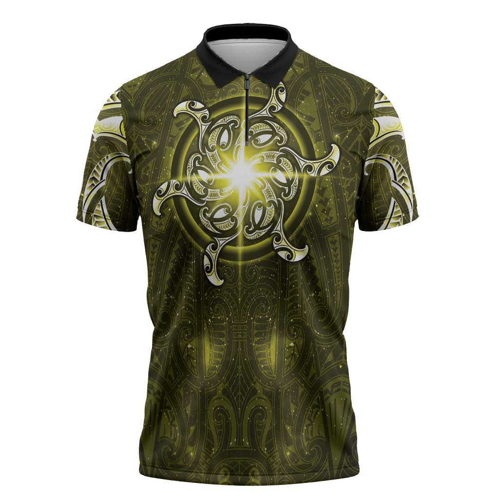 New Zealand Matariki Hiwaiterangi Zipper Polo Shirt Maori Moko Yellow Galaxy