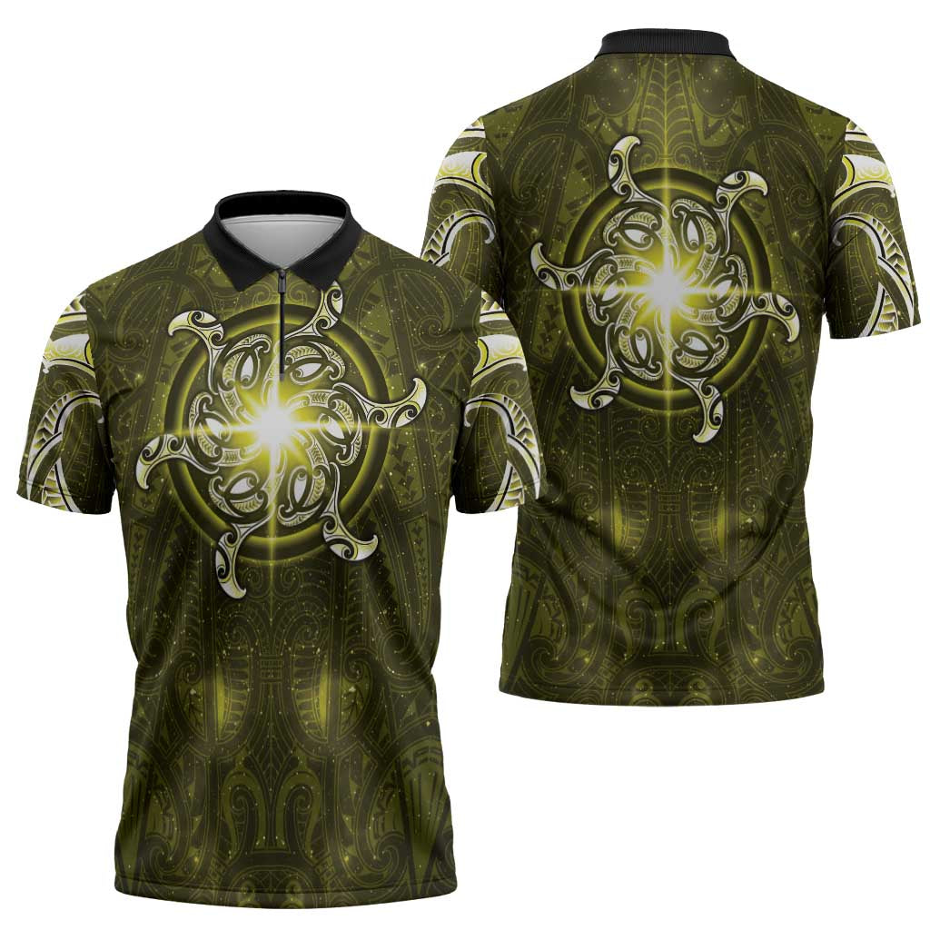 New Zealand Matariki Hiwaiterangi Zipper Polo Shirt Maori Moko Yellow Galaxy LT05 - Polynesian Pride