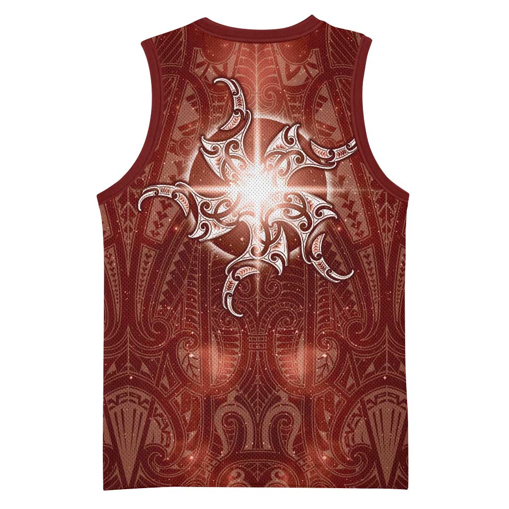 New Zealand Matariki Pohutukawa Basketball Jersey Maori Moko Red Galaxy LT05 - Polynesian Pride