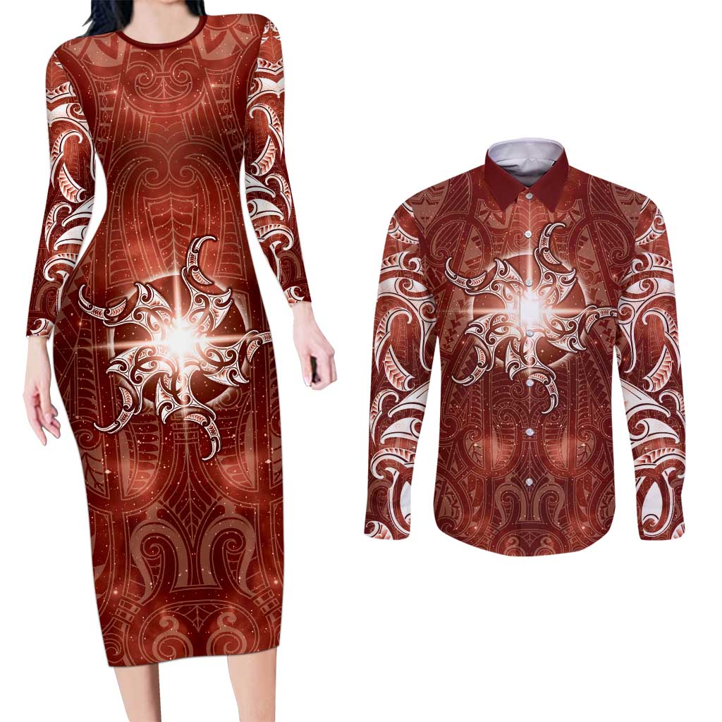 New Zealand Matariki Pohutukawa Couples Matching Long Sleeve Bodycon Dress and Long Sleeve Button Shirt Maori Moko Red Galaxy