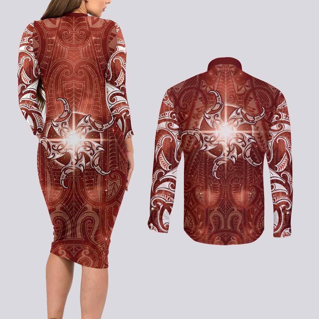New Zealand Matariki Pohutukawa Couples Matching Long Sleeve Bodycon Dress and Long Sleeve Button Shirt Maori Moko Red Galaxy LT05 - Polynesian Pride